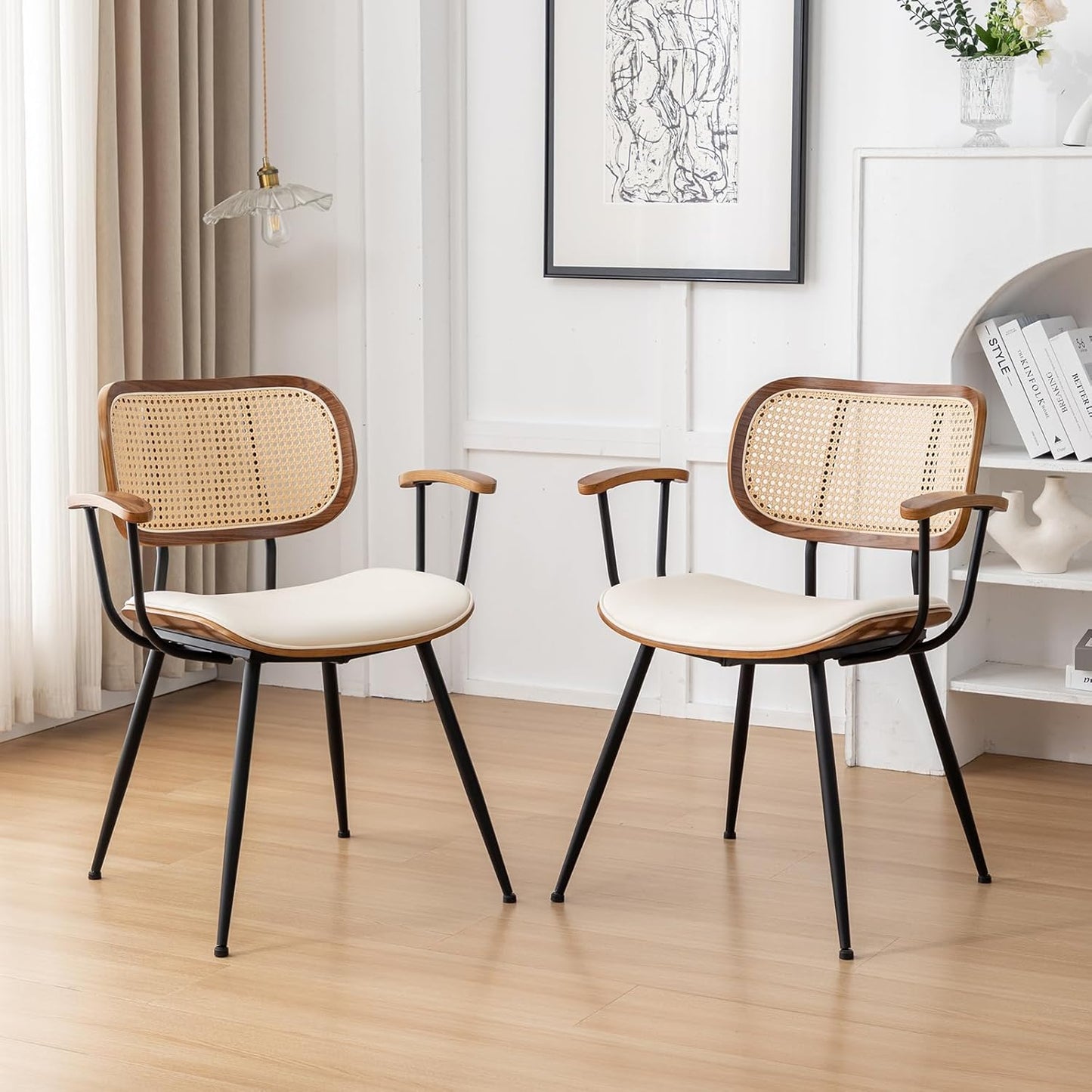 Rattan Dining Chairs Set of 2, Mid Century Modern Kitchen Side Chair, Metal Legs Desk Chair, Linen Fabric Accent Chair with Arms and Rattan Backrest, Beige