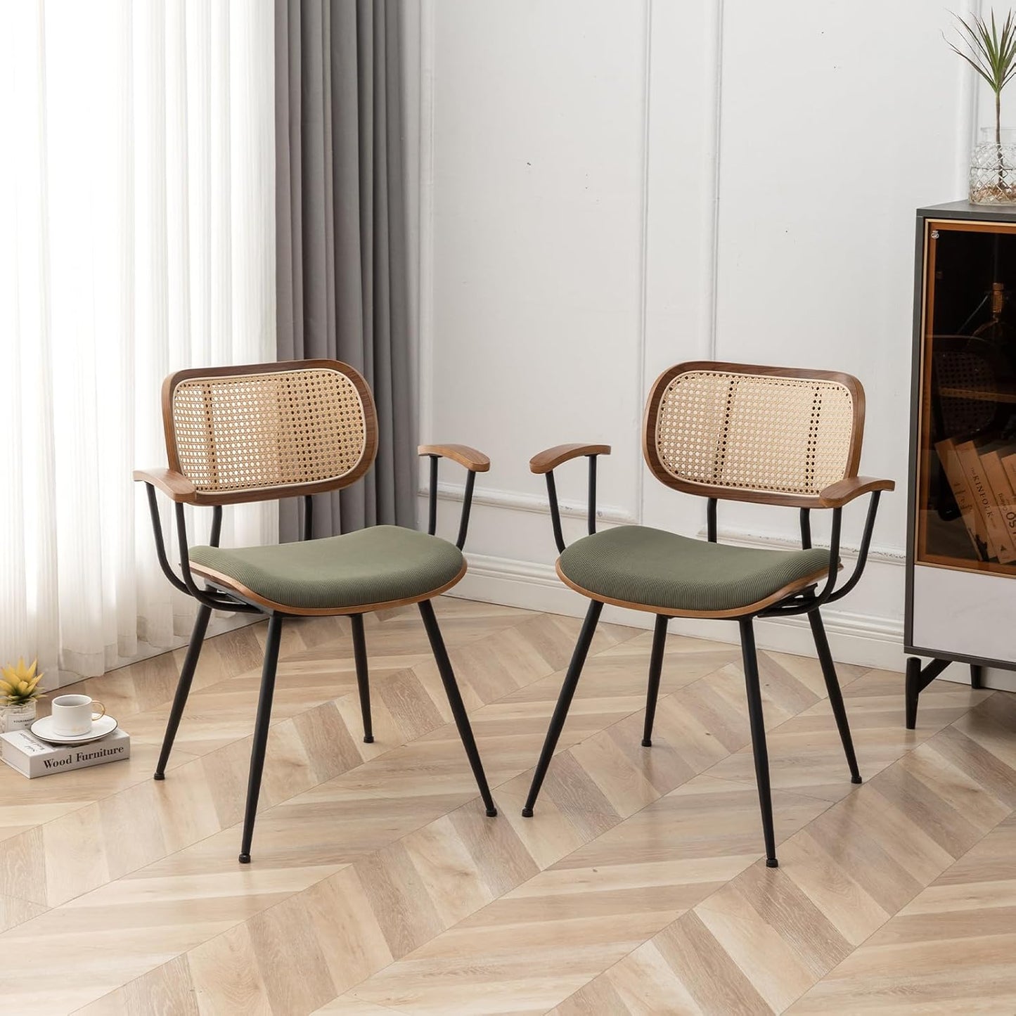 Rattan Dining Chairs Set of 2, Mid Century Modern Kitchen Side Chair, Metal Legs Desk Chair, Linen Fabric Accent Chair with Arms and Rattan Backrest, Beige