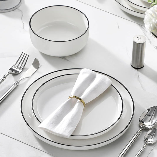 Modern Porcelain Dinnerware Set – White Ceramic Plates & Bowls with Black Rim