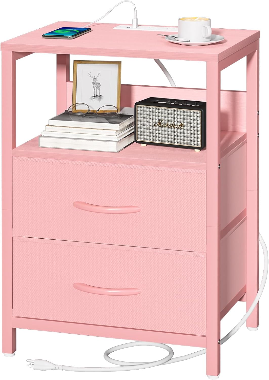 Nightstand with Charging Station, Small Night Stand with Fabric Drawers and Storage Shelf for Bedrooms, Small Spaces, Bedside Table with USB Ports & Outlets