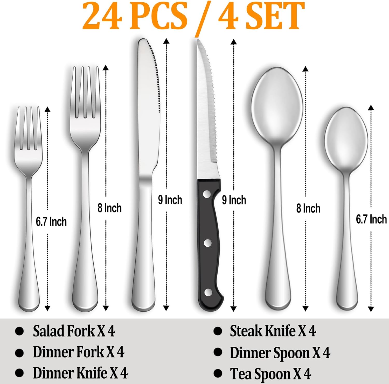 24 Pcs Silverware Set with Steak Knives Service for 4,Stainless Steel Flatware Set,Mirror Polished Cutlery Utensil Set,Home Kitchen Eating Tableware Set,Include Fork Knife Spoon Set,Dishwasher Safe