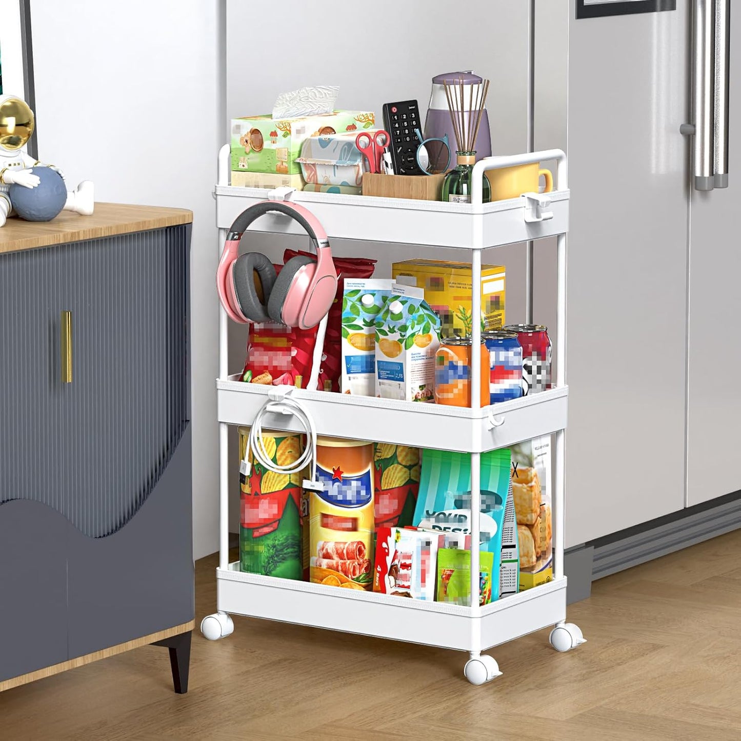 3 Tier Rolling Storage Cart with Wheels Slim Craft Nail Makeup Snack Art Baby Utility Cart Organizer on 2 Lockable Wheels for Bathroom Laundry Room Kitchen Bedside Narrow Spaces, White