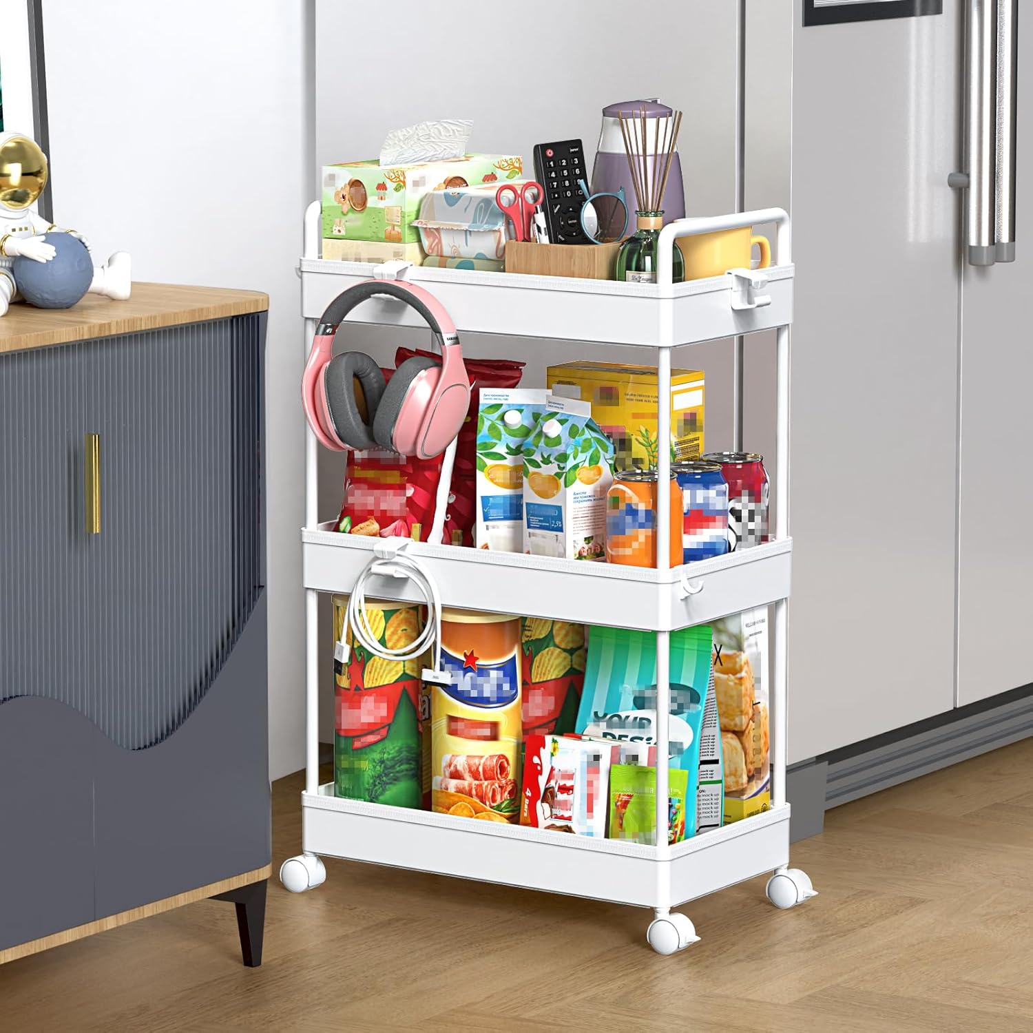 3 Tier Rolling Storage Cart with Wheels Slim Craft Nail Makeup Snack Art Baby Utility Cart Organizer on 2 Lockable Wheels for Bathroom Laundry Room Kitchen Bedside Narrow Spaces, White