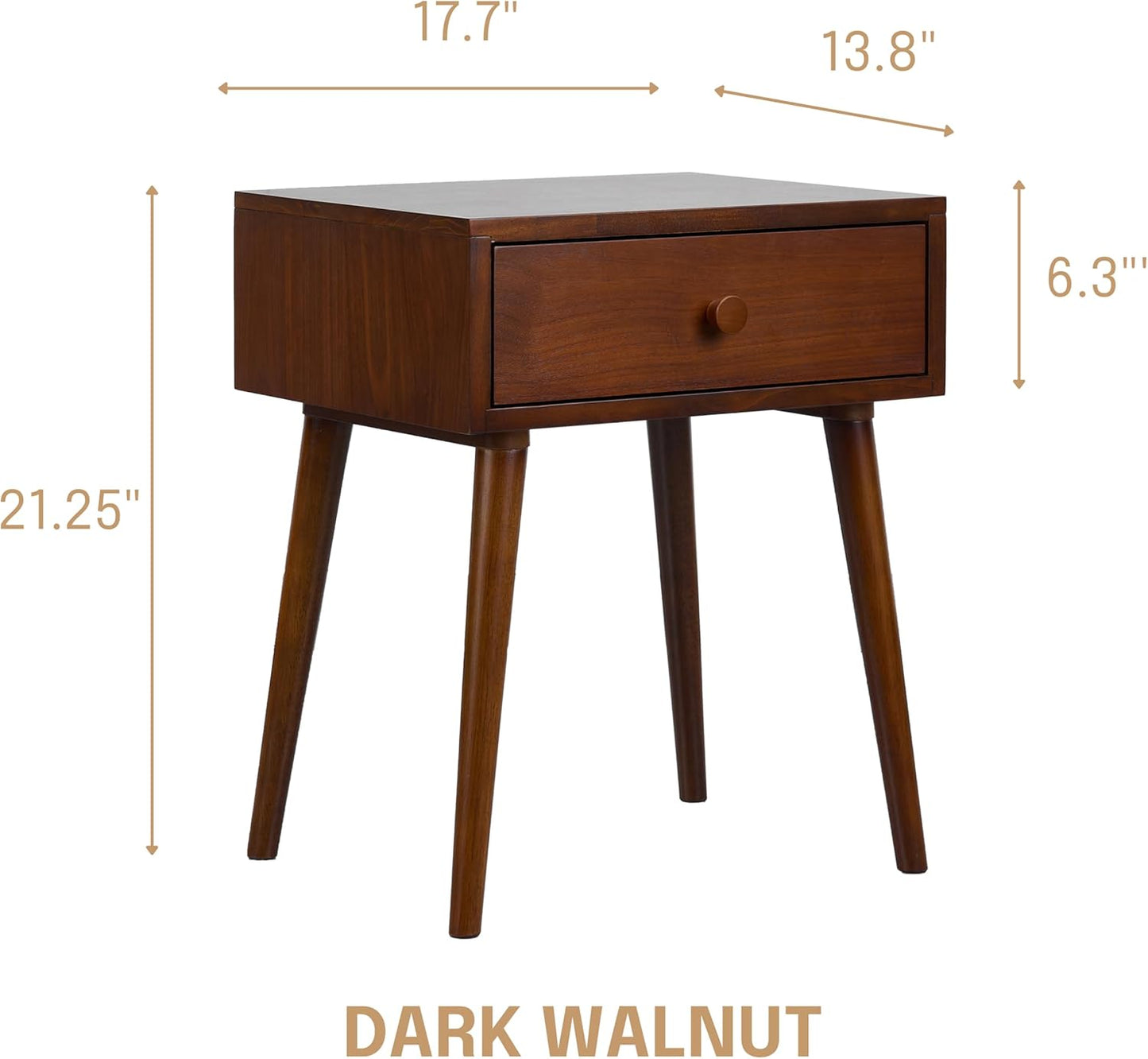 Lux Solid Wood Nightstand with Drawer, Mid Century Modern Side Table Bedroom, Bedside Furniture, Night Stand, End Table, Easy Assembly - Dark Walnut