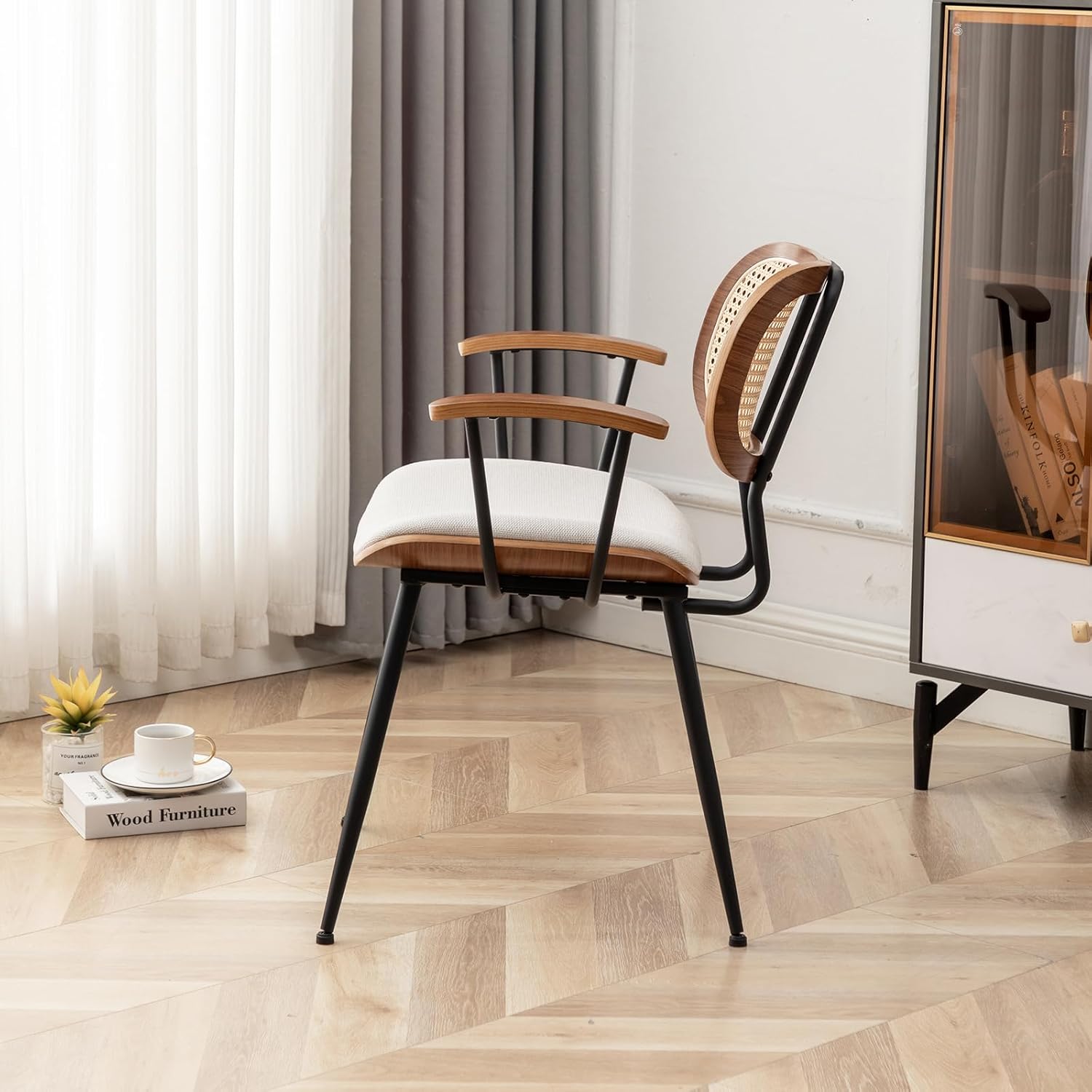 Rattan Dining Chairs Set of 2, Mid Century Modern Kitchen Side Chair, Metal Legs Desk Chair, Linen Fabric Accent Chair with Arms and Rattan Backrest, Beige