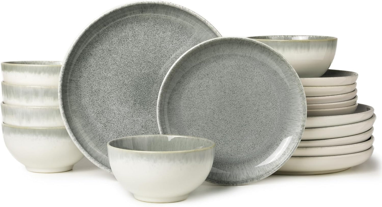 Stoneware Dinnerware Sets Service for 4, 12 Pcs Reactive Glaze Plates and Bowls Sets, Handmade Ceramic Dish Set, Highly Chip and Crack Resistant Modern Plate Set, Brown Green