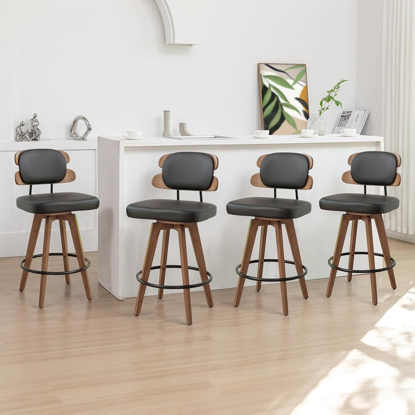 Set of 2 Counter Height Bar Stools - 26.4 Inch Swivel Stools with Walnut Craft, Faux Leather Upholstered Seat, Backs for Island/Kitchen (Walnut Green)