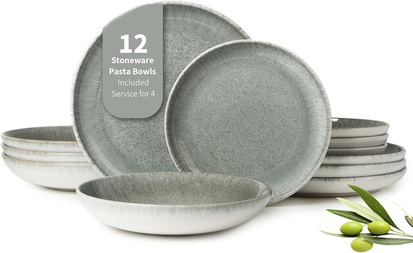 Stoneware Dinnerware Sets Service for 4, 12 Pcs Reactive Glaze Plates and Bowls Sets, Handmade Ceramic Dish Set, Highly Chip and Crack Resistant Modern Plate Set, Brown Green