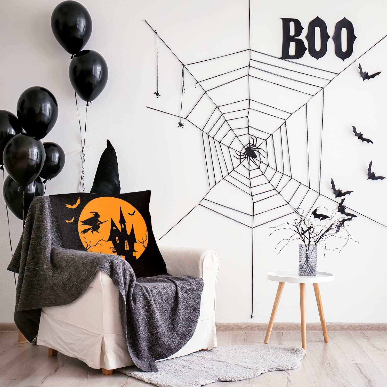 Halloween Pillow Case Large Orange and Black Pillow Cover 20" X 20" Happy Halloween Spider Ghost Pumpkin Linen Sofa Bed Throw Cushion Cover Decoration for Home Office, 4Pcs