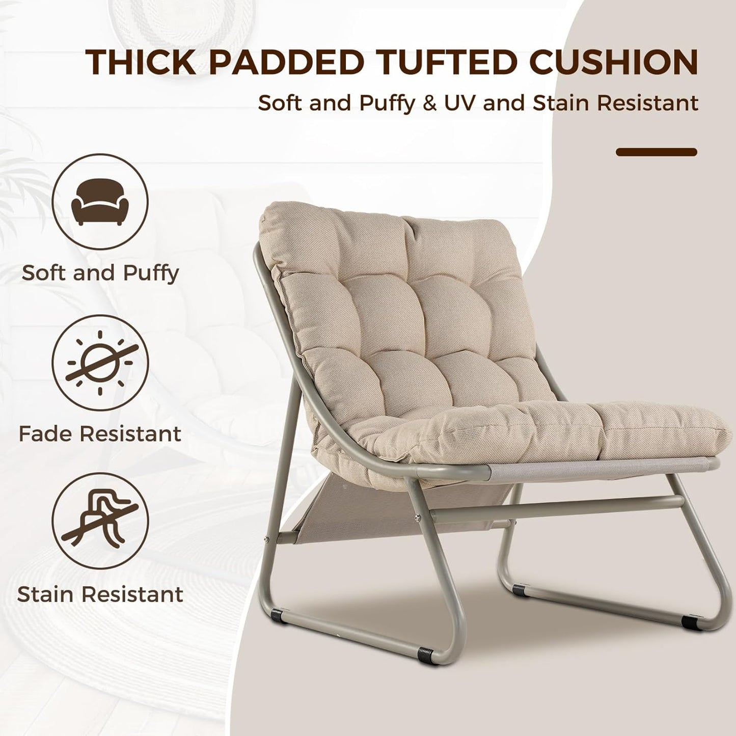 Outdoor Lounge Chair with Foot Stool, Comfy Sling Recliner Chair with Puffy Cushion and Foot Rest, Modern Patio Furniture Set for Porch Deck Garden, Champagne Gray