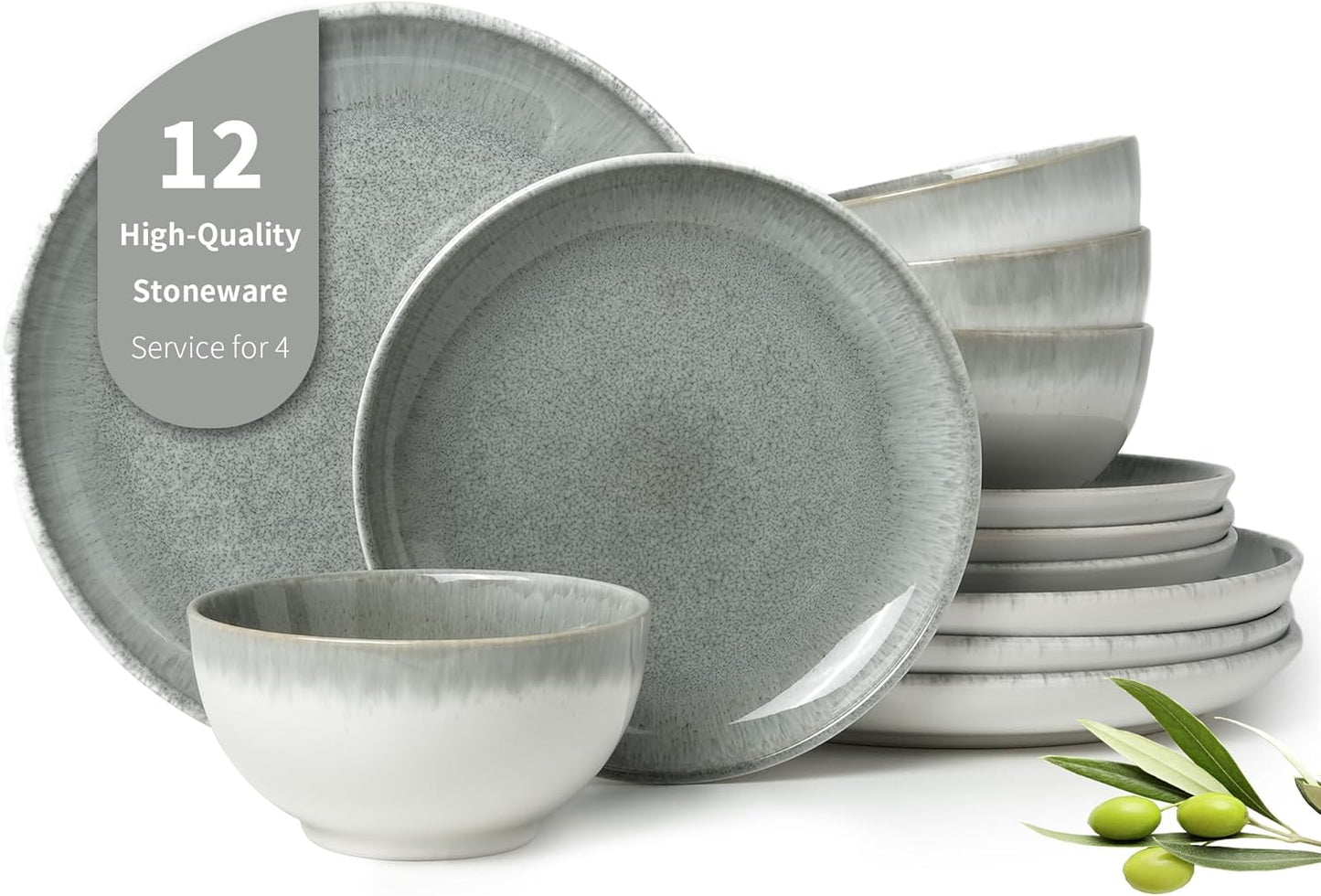 Stoneware Dinnerware Sets Service for 4, 12 Pcs Reactive Glaze Plates and Bowls Sets, Handmade Ceramic Dish Set, Highly Chip and Crack Resistant Modern Plate Set, Brown Green
