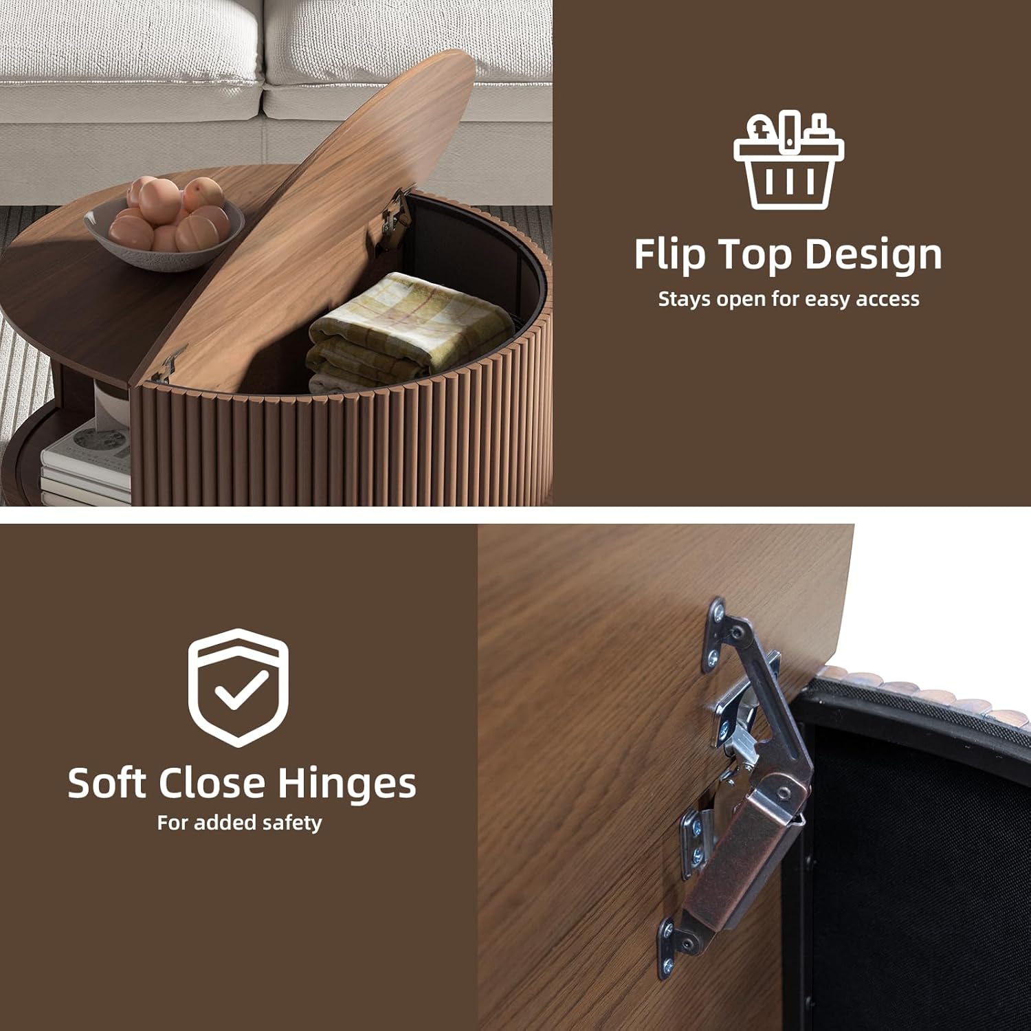 Round Coffee Table with Storage,Mid Century Modern Coffee Table with Sliding Cabinet Door for Living Room,Home Small Space,31.5" Fluted Center Table,Walnut