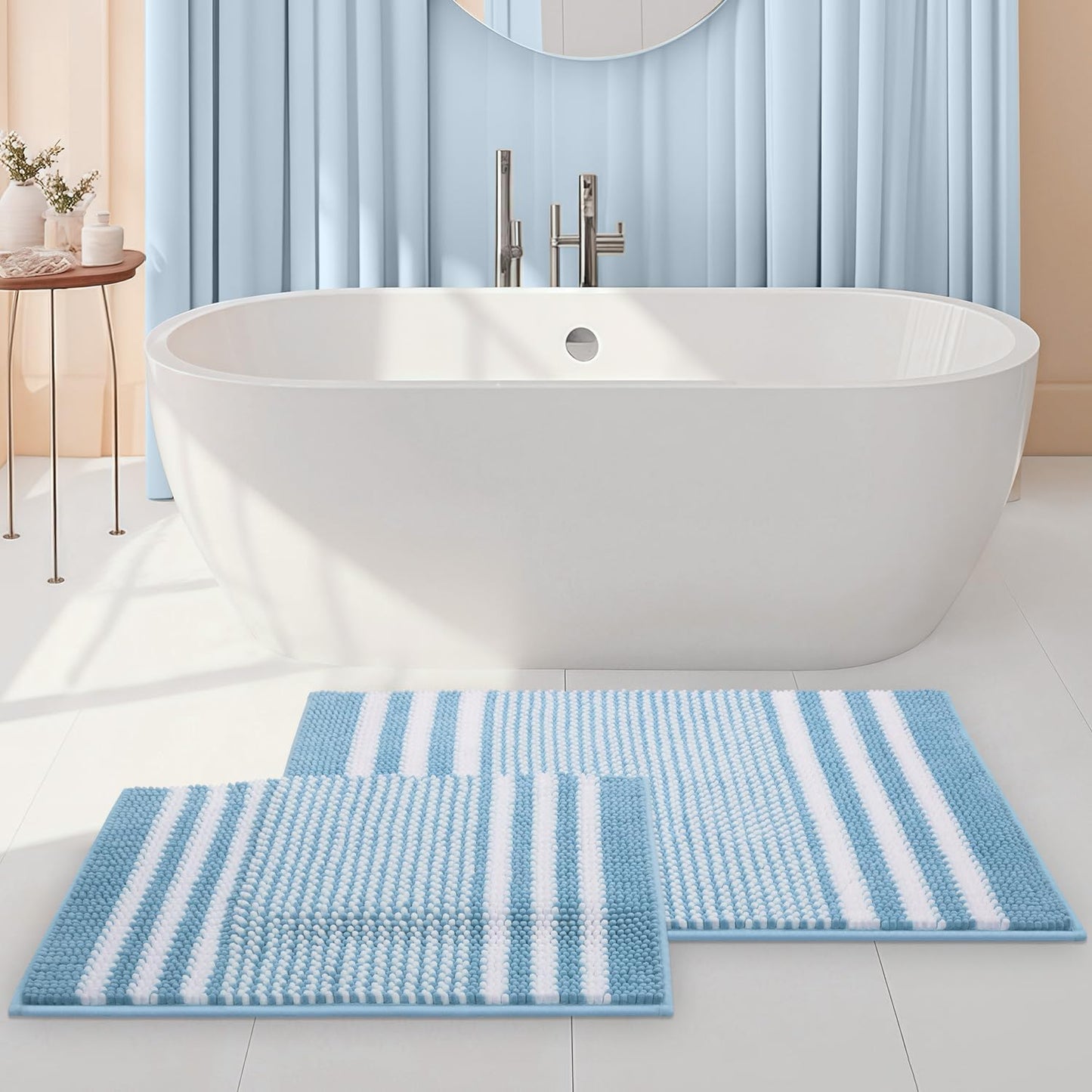 Bathroom Rugs Set 2 Piece, Extra Soft and Absorbent Fluffy Striped Chenille Bath Mat Rug Set, Non Slip Bathroom Floor Mat, Machine Washable (20" X 32" plus 16" X 24", Khaki)