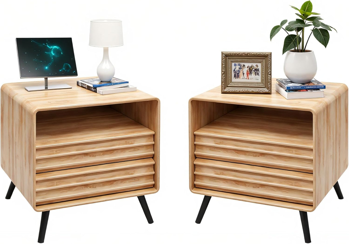 24" Nightstand with Charger Station, Mid Century Modern Fluted End Table with 2 Drawers, Wooden Side Table with Open Cubby Storage for Living Room, Bedroom, Office (Dark Walnut)