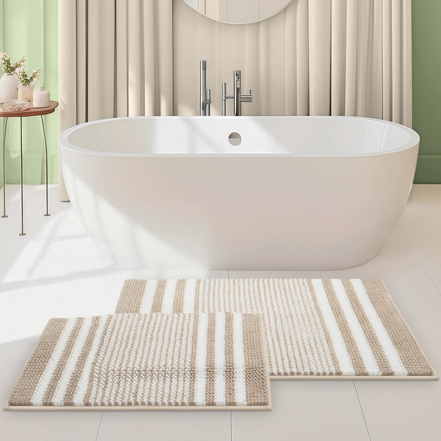 Bathroom Rugs Set 2 Piece, Extra Soft and Absorbent Fluffy Striped Chenille Bath Mat Rug Set, Non Slip Bathroom Floor Mat, Machine Washable (20" X 32" plus 16" X 24", Khaki)