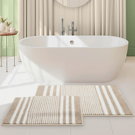Bathroom Rugs Set 2 Piece, Extra Soft and Absorbent Fluffy Striped Chenille Bath Mat Rug Set, Non Slip Bathroom Floor Mat, Machine Washable (20" X 32" plus 16" X 24", Khaki)