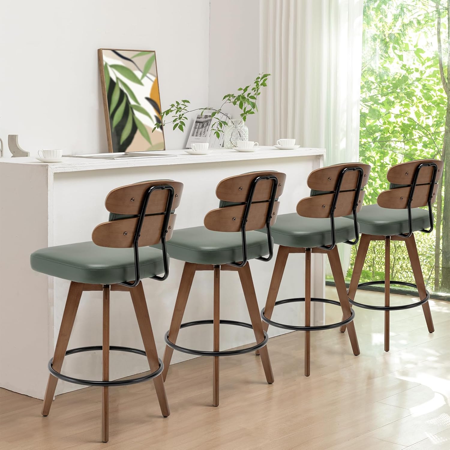 Set of 2 Counter Height Bar Stools - 26.4 Inch Swivel Stools with Walnut Craft, Faux Leather Upholstered Seat, Backs for Island/Kitchen (Walnut Green)