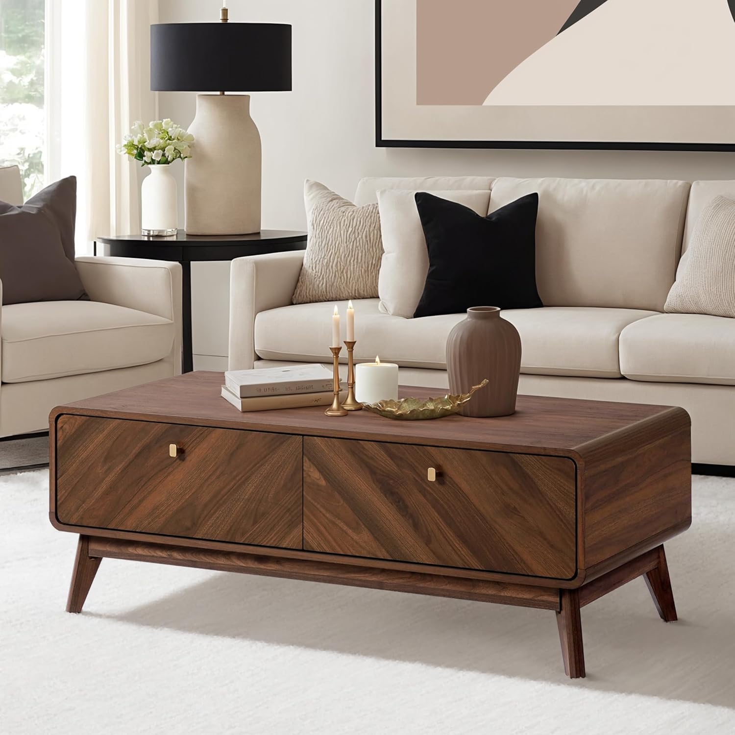 Luxenhome Coffee Table with Storage, 47" Mid Century Modern Coffee Table, Live Edge Coffee Tables for Living Room, Wooden Center Table with Ample Storage Space