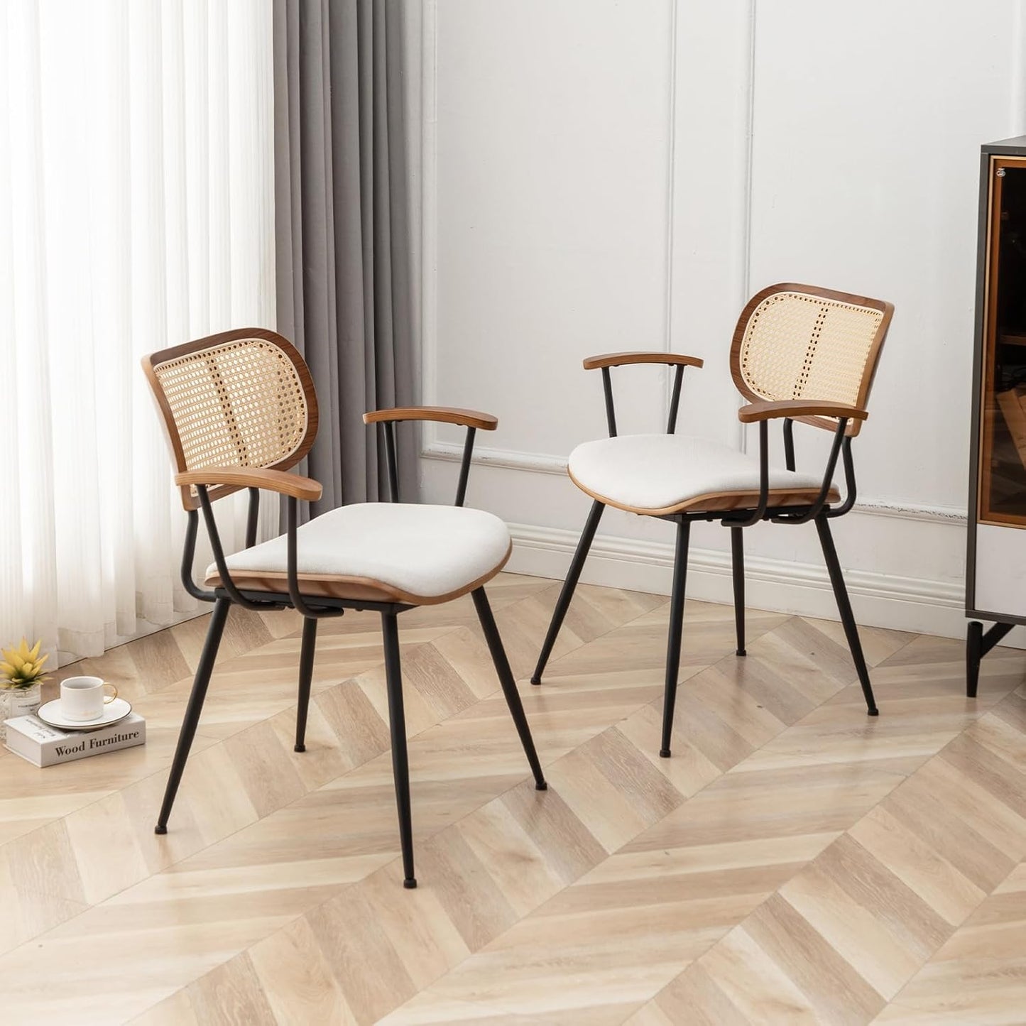 Rattan Dining Chairs Set of 2, Mid Century Modern Kitchen Side Chair, Metal Legs Desk Chair, Linen Fabric Accent Chair with Arms and Rattan Backrest, Beige