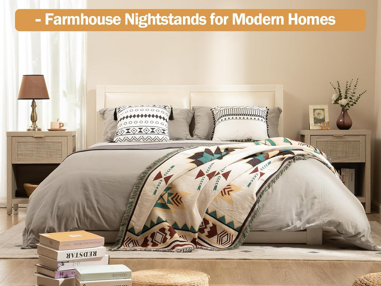 Rattan Night Stands, Farmhouse Nightstand Boho End Side Table Bedside Table with Drawer and Open Shelf for Bedroom, Light Oak
