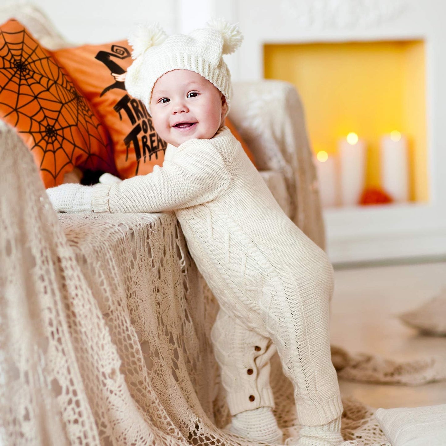 Halloween Pillow Case Large Orange and Black Pillow Cover 20" X 20" Happy Halloween Spider Ghost Pumpkin Linen Sofa Bed Throw Cushion Cover Decoration for Home Office, 4Pcs