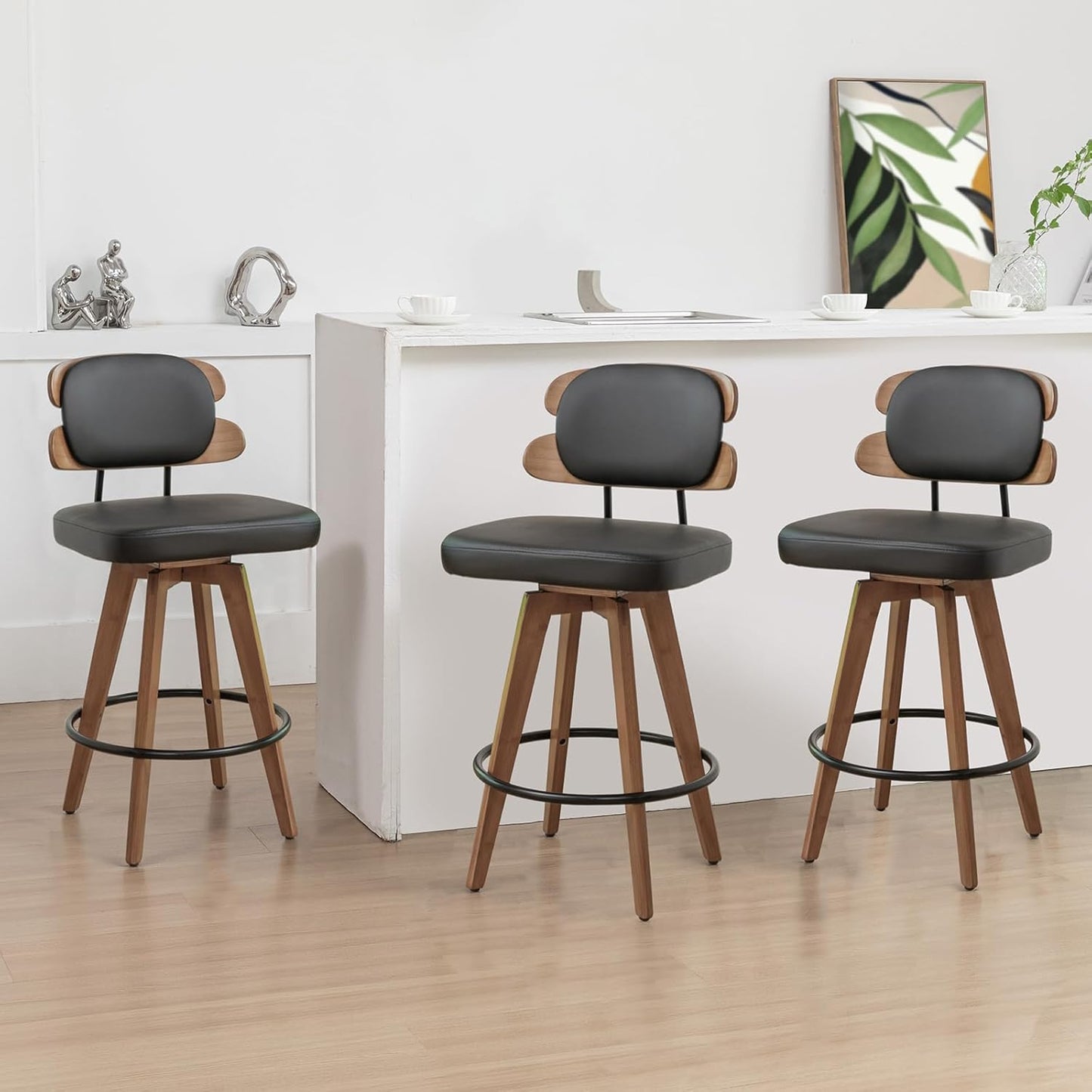 Set of 2 Counter Height Bar Stools - 26.4 Inch Swivel Stools with Walnut Craft, Faux Leather Upholstered Seat, Backs for Island/Kitchen (Walnut Green)