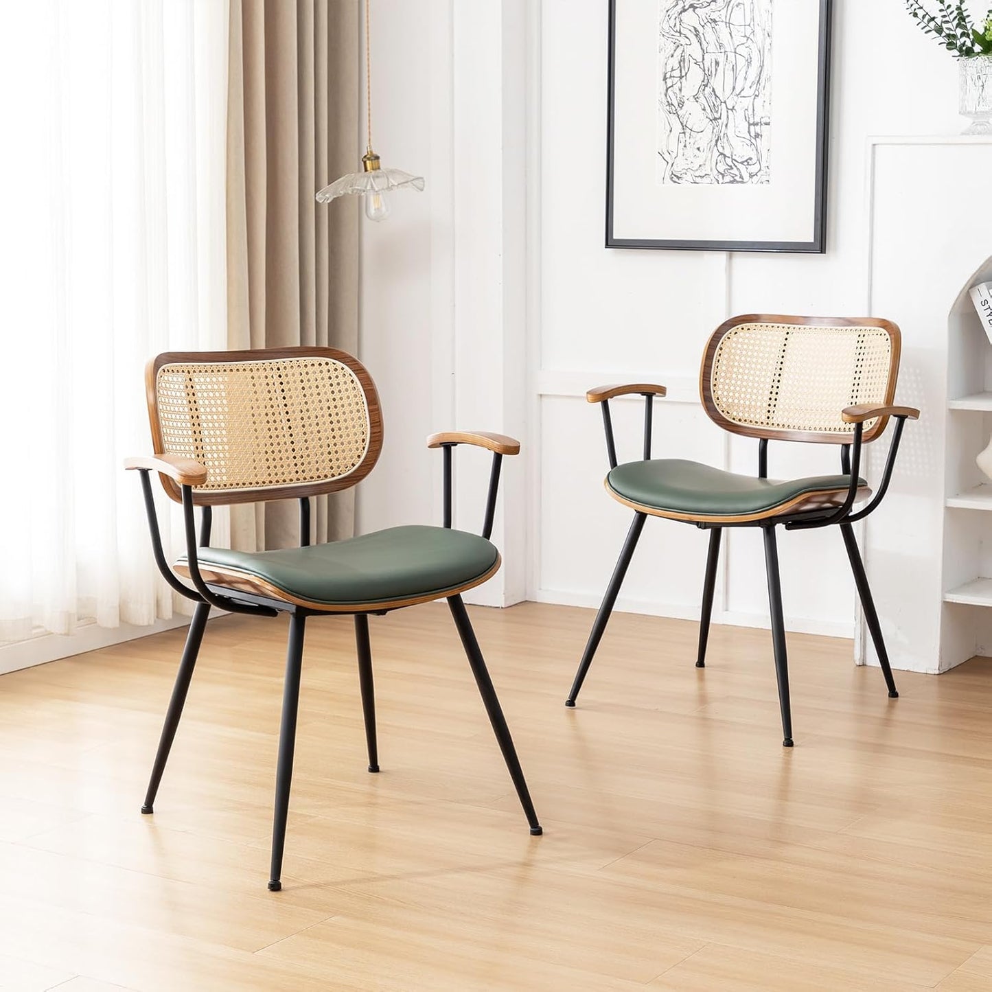 Rattan Dining Chairs Set of 2, Mid Century Modern Kitchen Side Chair, Metal Legs Desk Chair, Linen Fabric Accent Chair with Arms and Rattan Backrest, Beige