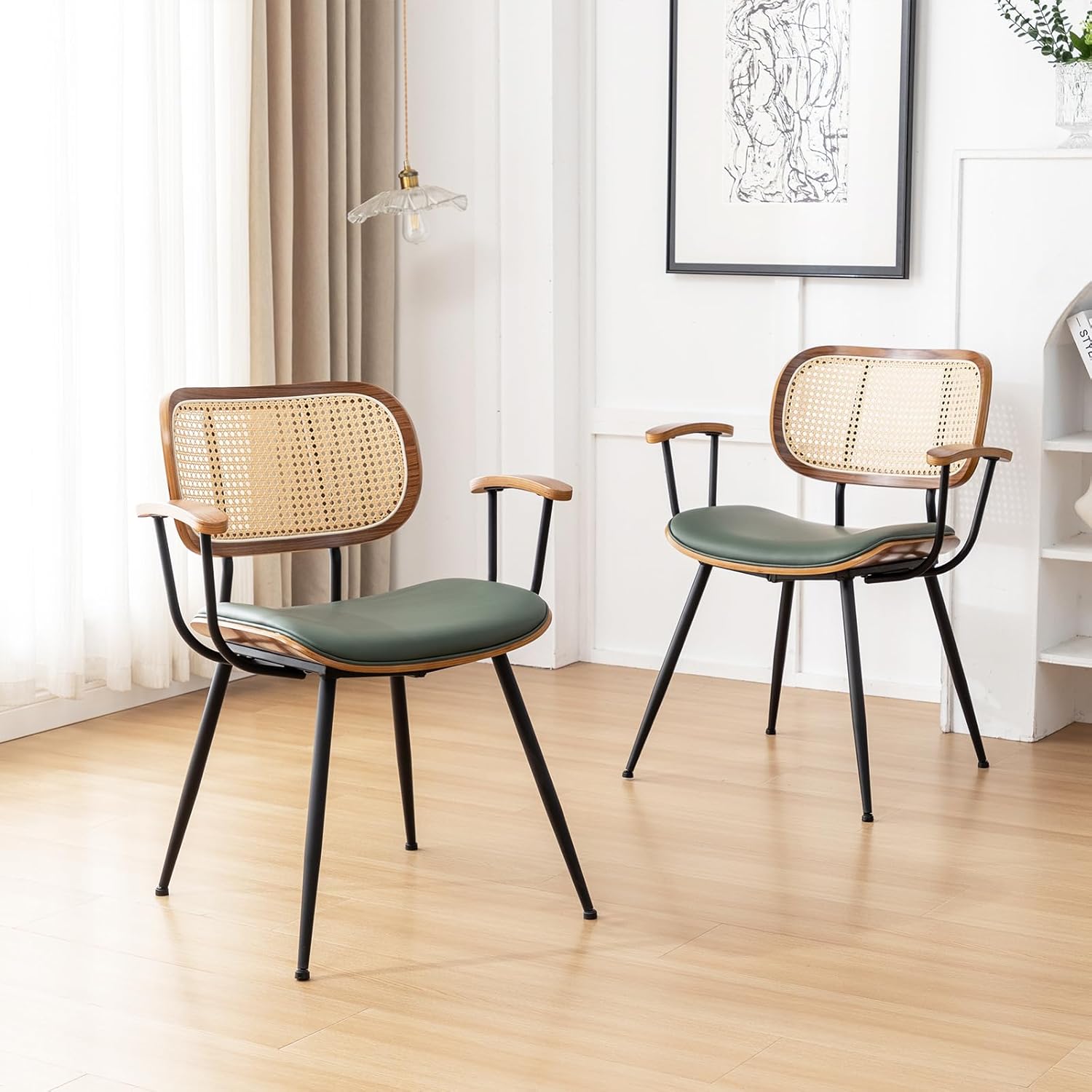 Rattan Dining Chairs Set of 2, Mid Century Modern Kitchen Side Chair, Metal Legs Desk Chair, Linen Fabric Accent Chair with Arms and Rattan Backrest, Beige