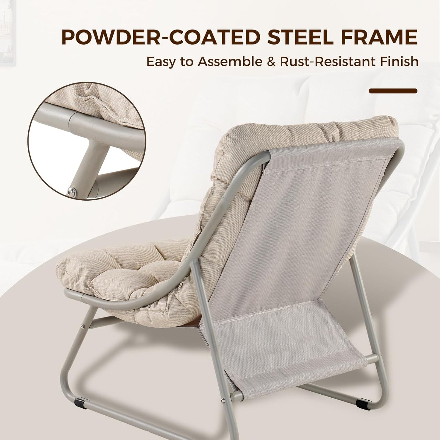 Outdoor Lounge Chair with Foot Stool, Comfy Sling Recliner Chair with Puffy Cushion and Foot Rest, Modern Patio Furniture Set for Porch Deck Garden, Champagne Gray