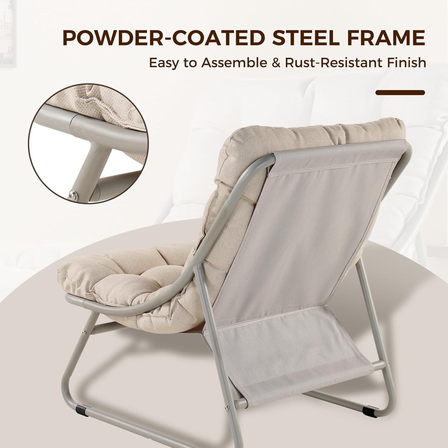 Outdoor Lounge Chair with Foot Stool, Comfy Sling Recliner Chair with Puffy Cushion and Foot Rest, Modern Patio Furniture Set for Porch Deck Garden, Champagne Gray