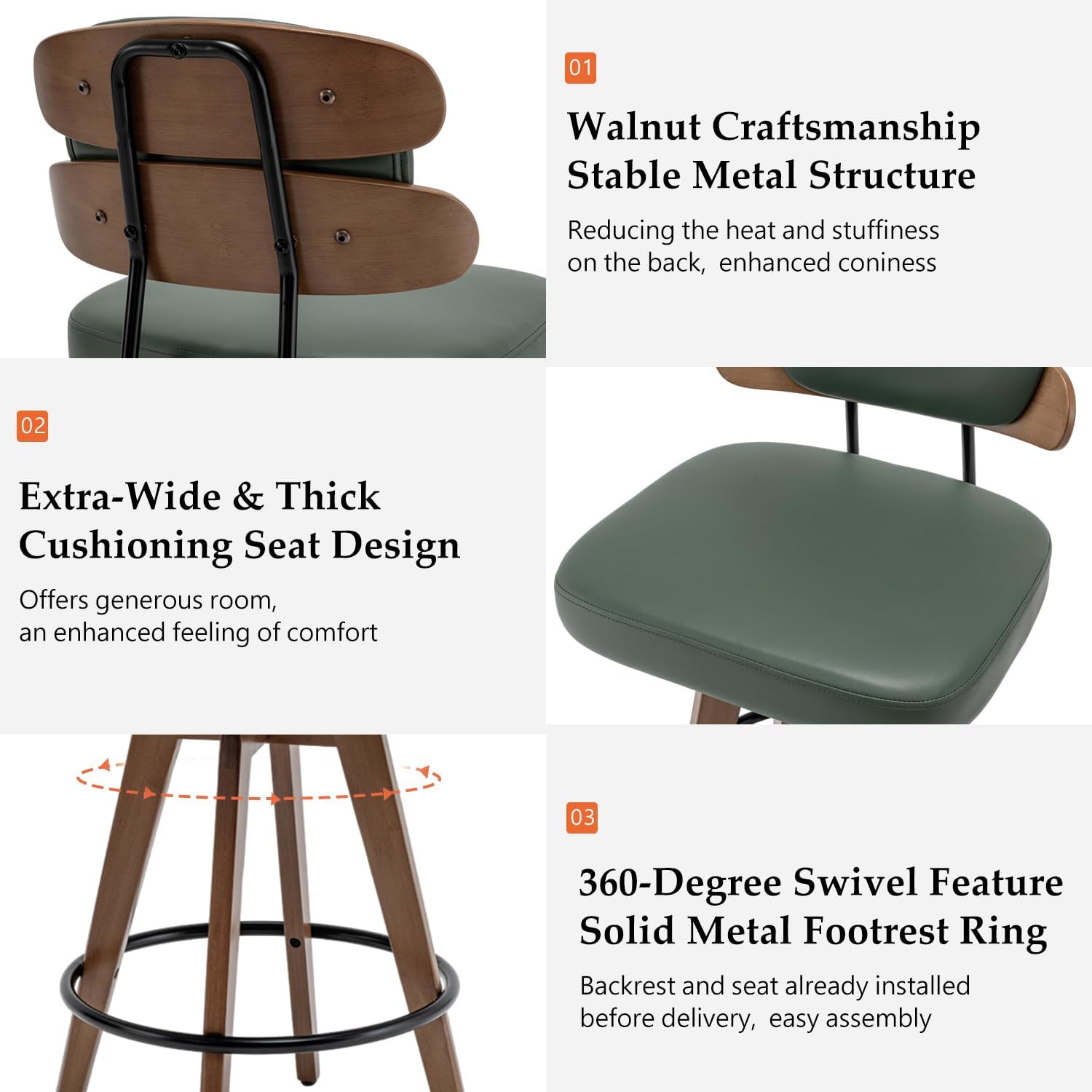 Set of 2 Counter Height Bar Stools - 26.4 Inch Swivel Stools with Walnut Craft, Faux Leather Upholstered Seat, Backs for Island/Kitchen (Walnut Green)