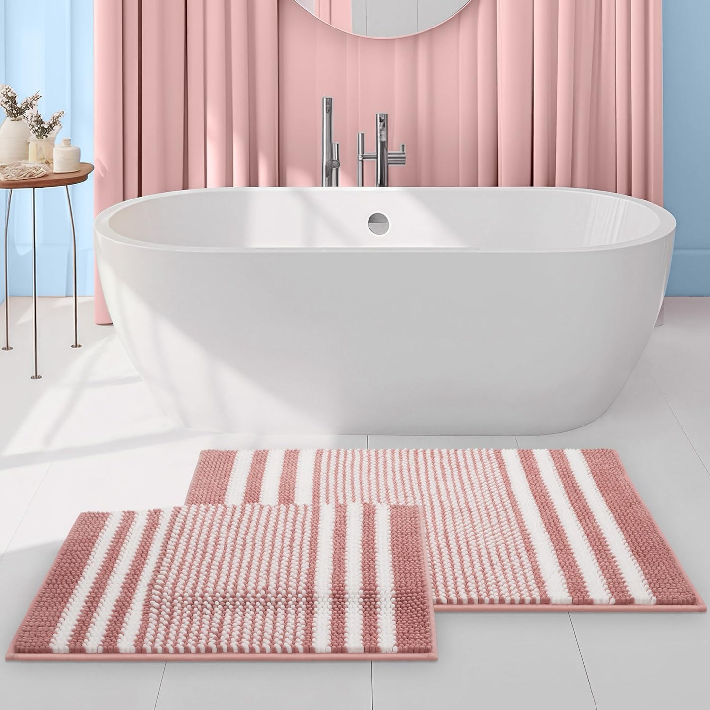 Bathroom Rugs Set 2 Piece, Extra Soft and Absorbent Fluffy Striped Chenille Bath Mat Rug Set, Non Slip Bathroom Floor Mat, Machine Washable (20" X 32" plus 16" X 24", Khaki)