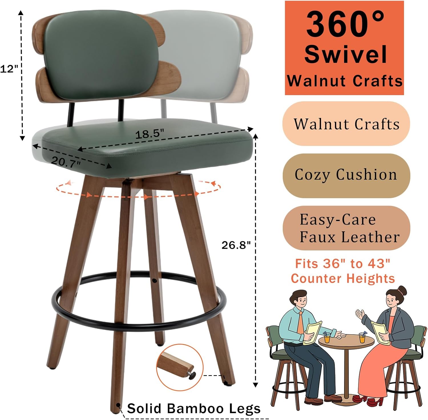 Set of 2 Counter Height Bar Stools - 26.4 Inch Swivel Stools with Walnut Craft, Faux Leather Upholstered Seat, Backs for Island/Kitchen (Walnut Green)