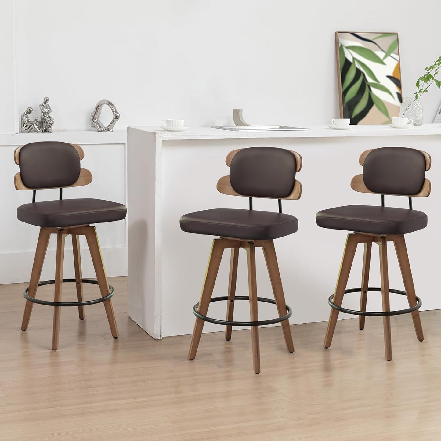 Set of 2 Counter Height Bar Stools - 26.4 Inch Swivel Stools with Walnut Craft, Faux Leather Upholstered Seat, Backs for Island/Kitchen (Walnut Green)