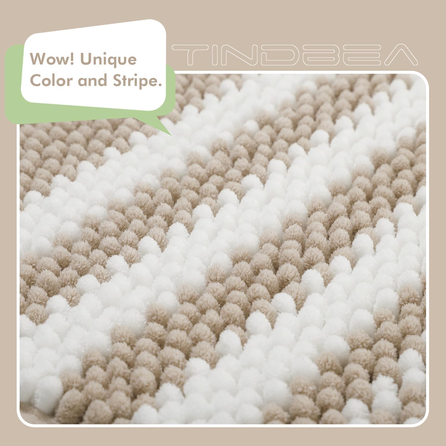 Bathroom Rugs Set 2 Piece, Extra Soft and Absorbent Fluffy Striped Chenille Bath Mat Rug Set, Non Slip Bathroom Floor Mat, Machine Washable (20" X 32" plus 16" X 24", Khaki)