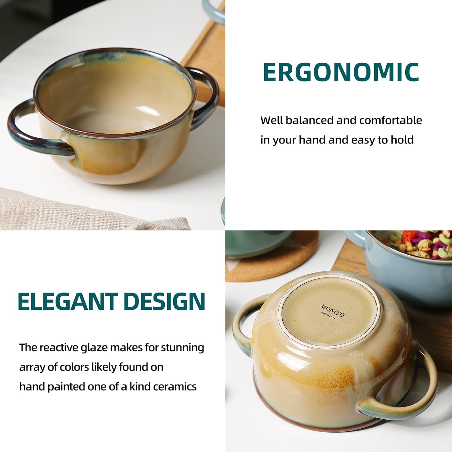 Ceramic Salad Bowl with Handles, 28 Oz French Onion Soup Bowls, Ceramic Soup Bowls for Cereal, Pasta, Chilli, Beef Stew, Stackable Serving Bowl Set of 4 (28 OZ)