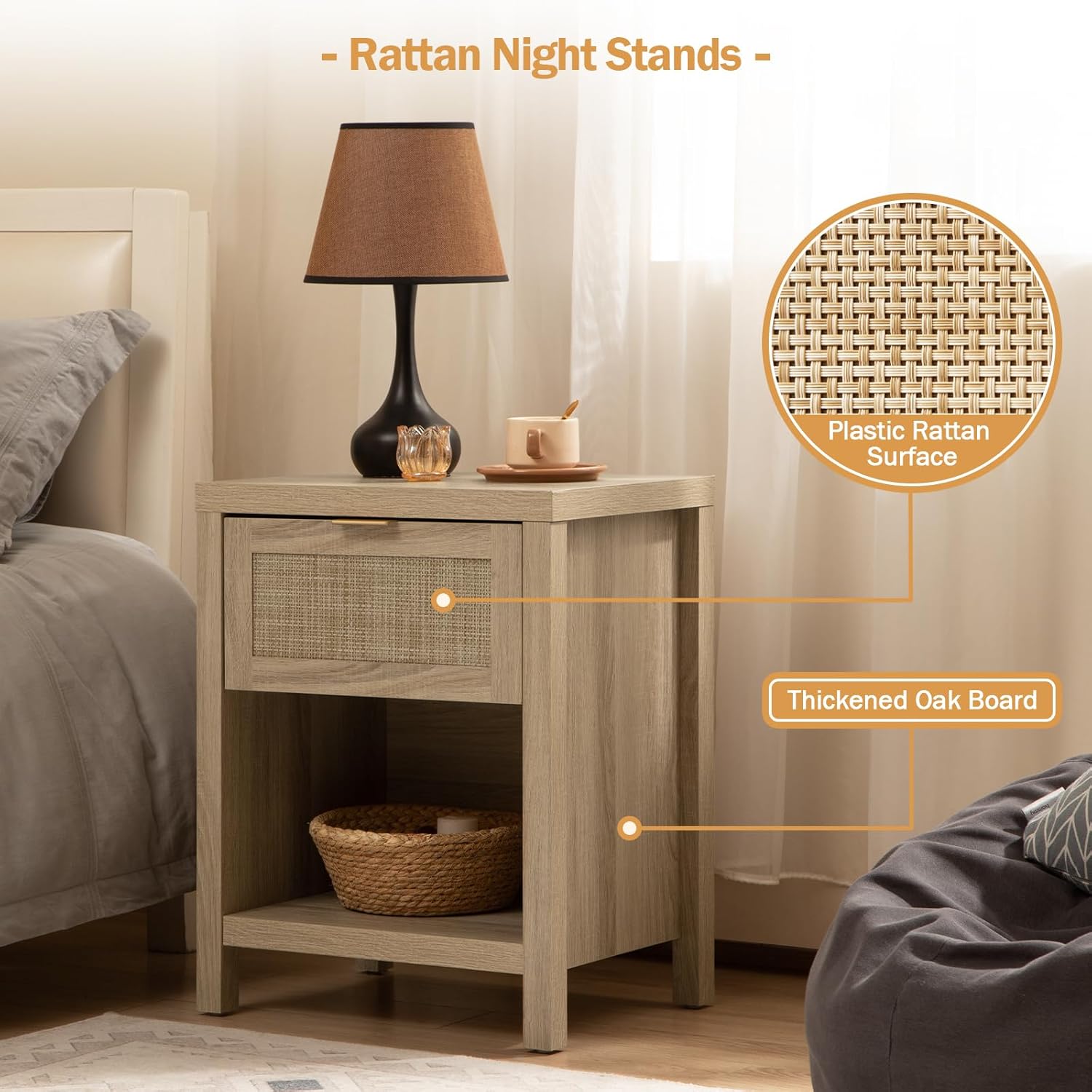 Rattan Night Stands, Farmhouse Nightstand Boho End Side Table Bedside Table with Drawer and Open Shelf for Bedroom, Light Oak