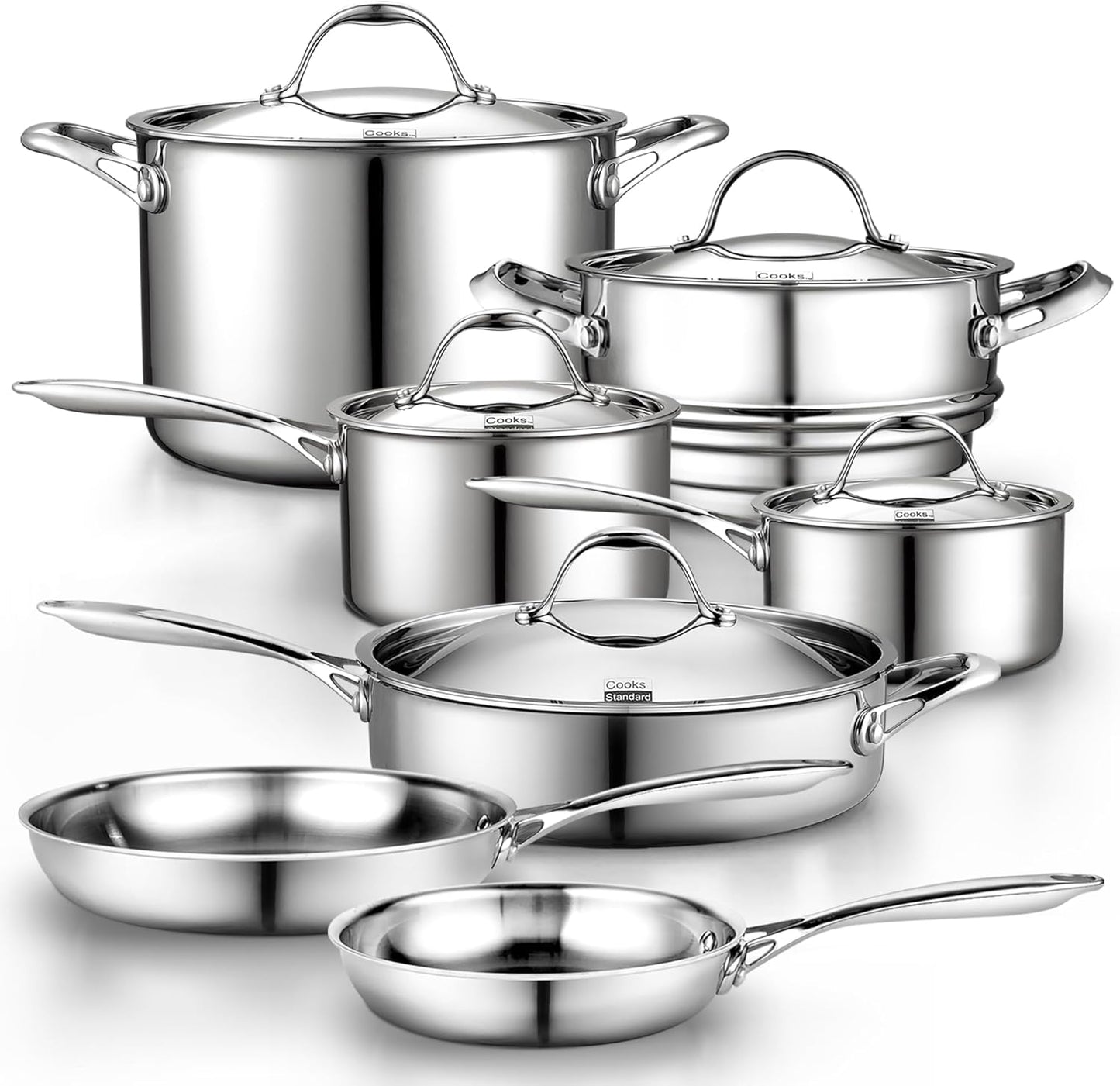 Stainless Steel Kitchen Cookware Sets 10-Piece, Multi-Ply Full Clad Pots and Pans Cooking Set with Stay-Cool Handles, Dishwasher Safe, Oven Safe 500°F, Silver