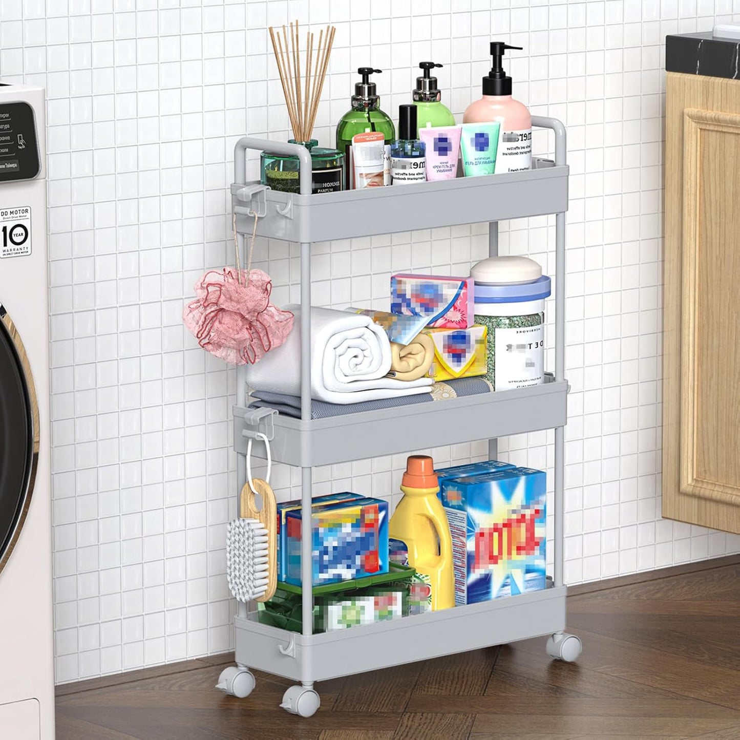 3 Tier Rolling Storage Cart with Wheels Slim Craft Nail Makeup Snack Art Baby Utility Cart Organizer on 2 Lockable Wheels for Bathroom Laundry Room Kitchen Bedside Narrow Spaces, White