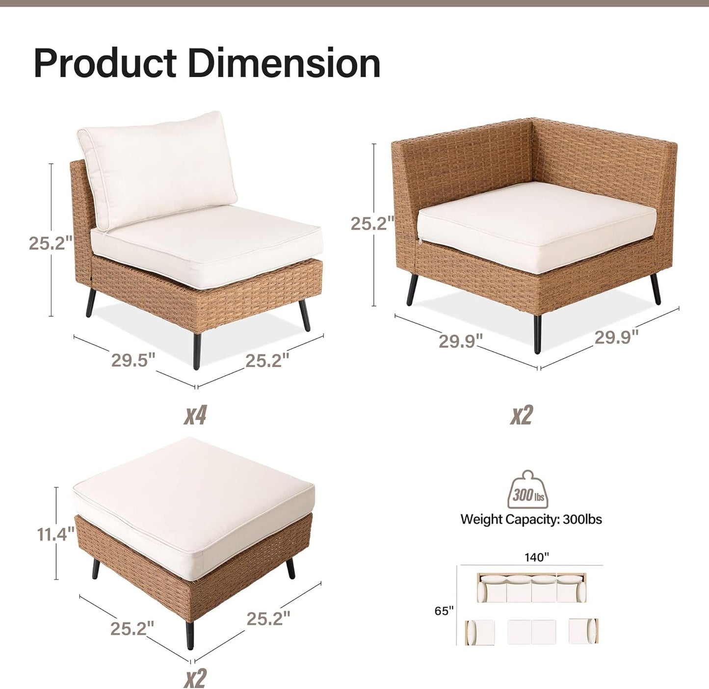 Outdoor Patio Furniture, 8 Piece Outdoor Sectional Sofa PE Rattan Wicker Patio Conversation Sets,All Weather Patio Furniture Set with Thick Cushions for Garden, Poolside, Backyard(Beige)