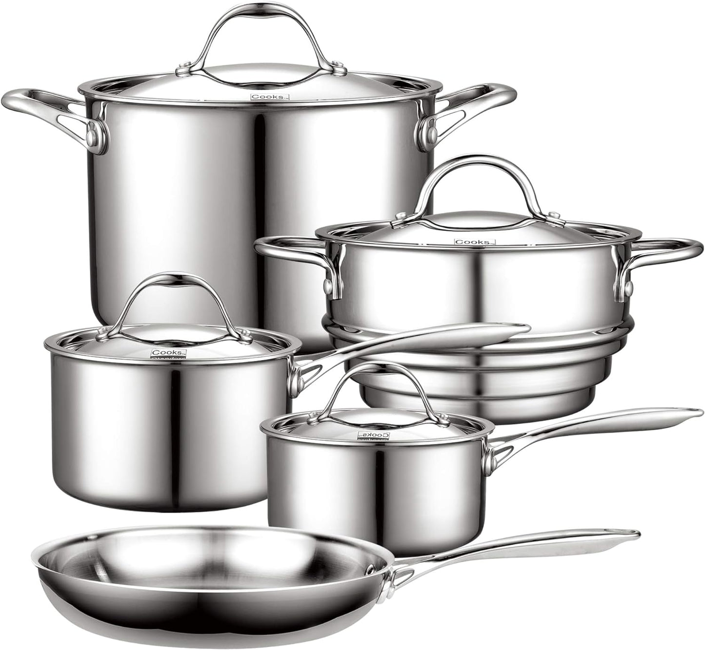 Stainless Steel Kitchen Cookware Sets 10-Piece, Multi-Ply Full Clad Pots and Pans Cooking Set with Stay-Cool Handles, Dishwasher Safe, Oven Safe 500°F, Silver