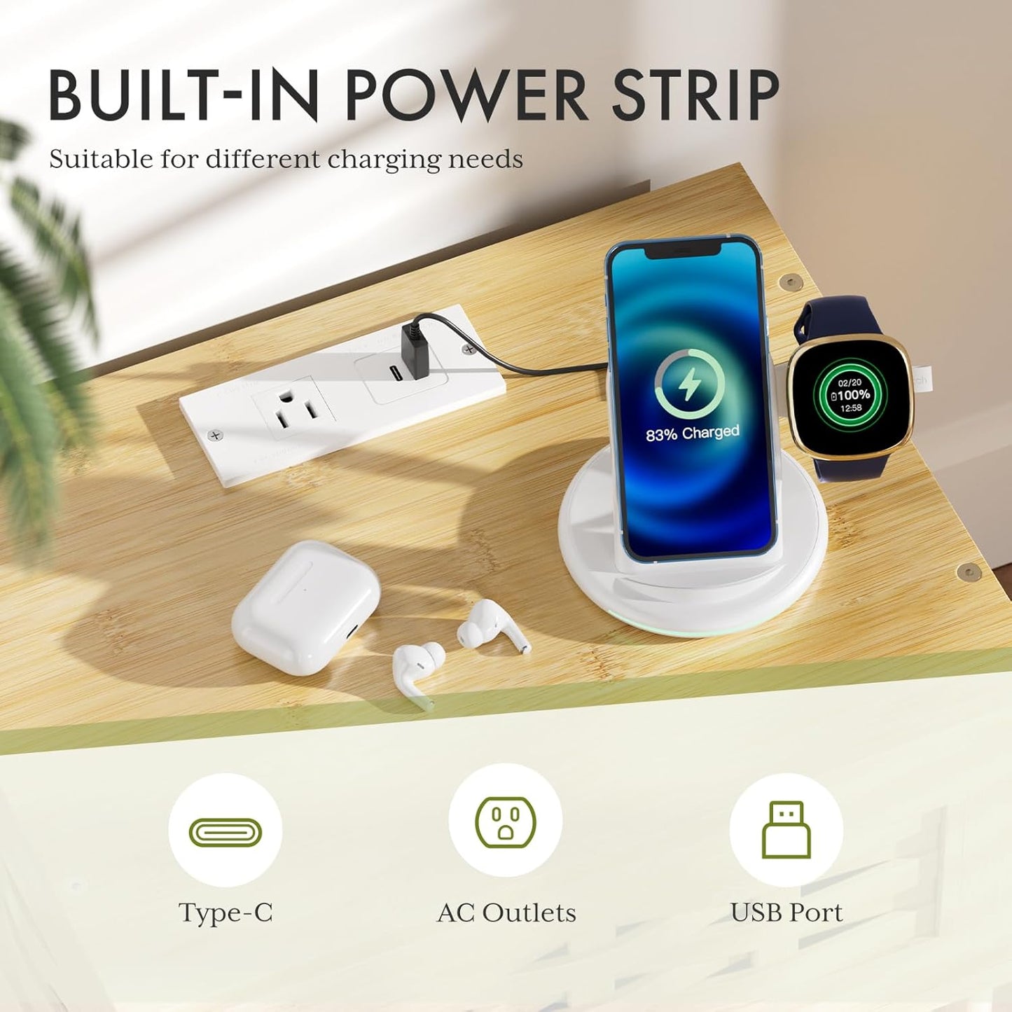 Bamboo Nightstand with Charging Station, Bedside Table with USB Ports & Outlets, End Table, Night Stand for Bedroom Lift-Up Drawer & Open Shelf, Natural Color