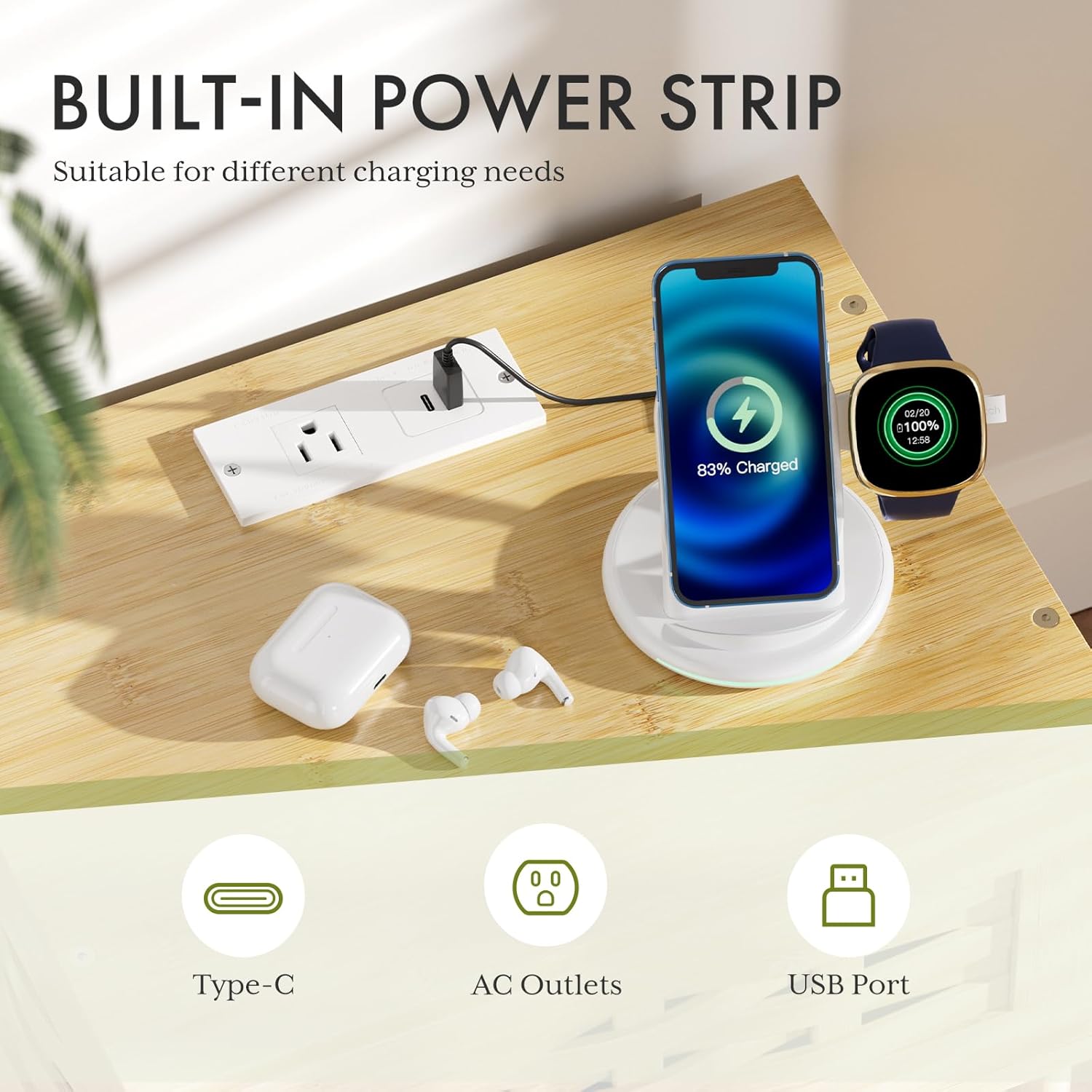 Bamboo Nightstand with Charging Station, Bedside Table with USB Ports & Outlets, End Table, Night Stand for Bedroom Lift-Up Drawer & Open Shelf, Natural Color