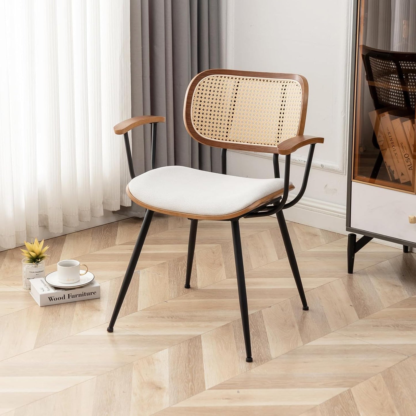Rattan Dining Chairs Set of 2, Mid Century Modern Kitchen Side Chair, Metal Legs Desk Chair, Linen Fabric Accent Chair with Arms and Rattan Backrest, Beige