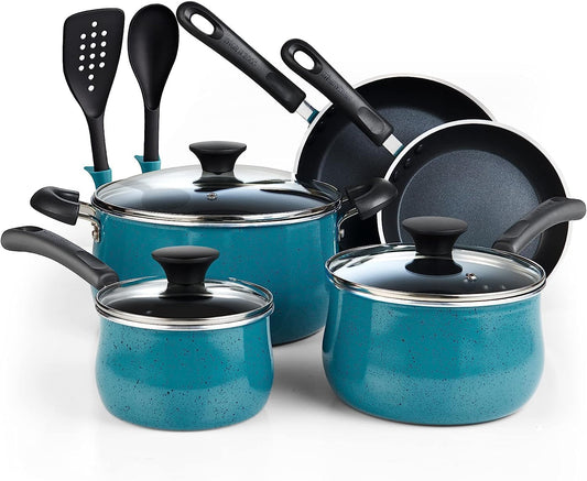 Pots and Pans Nonstick Cookware Set 10-Piece, Belly Shape Kitchen Cooking Set with Frying Pans and Saucepans, Induction Compatible, Turquoise