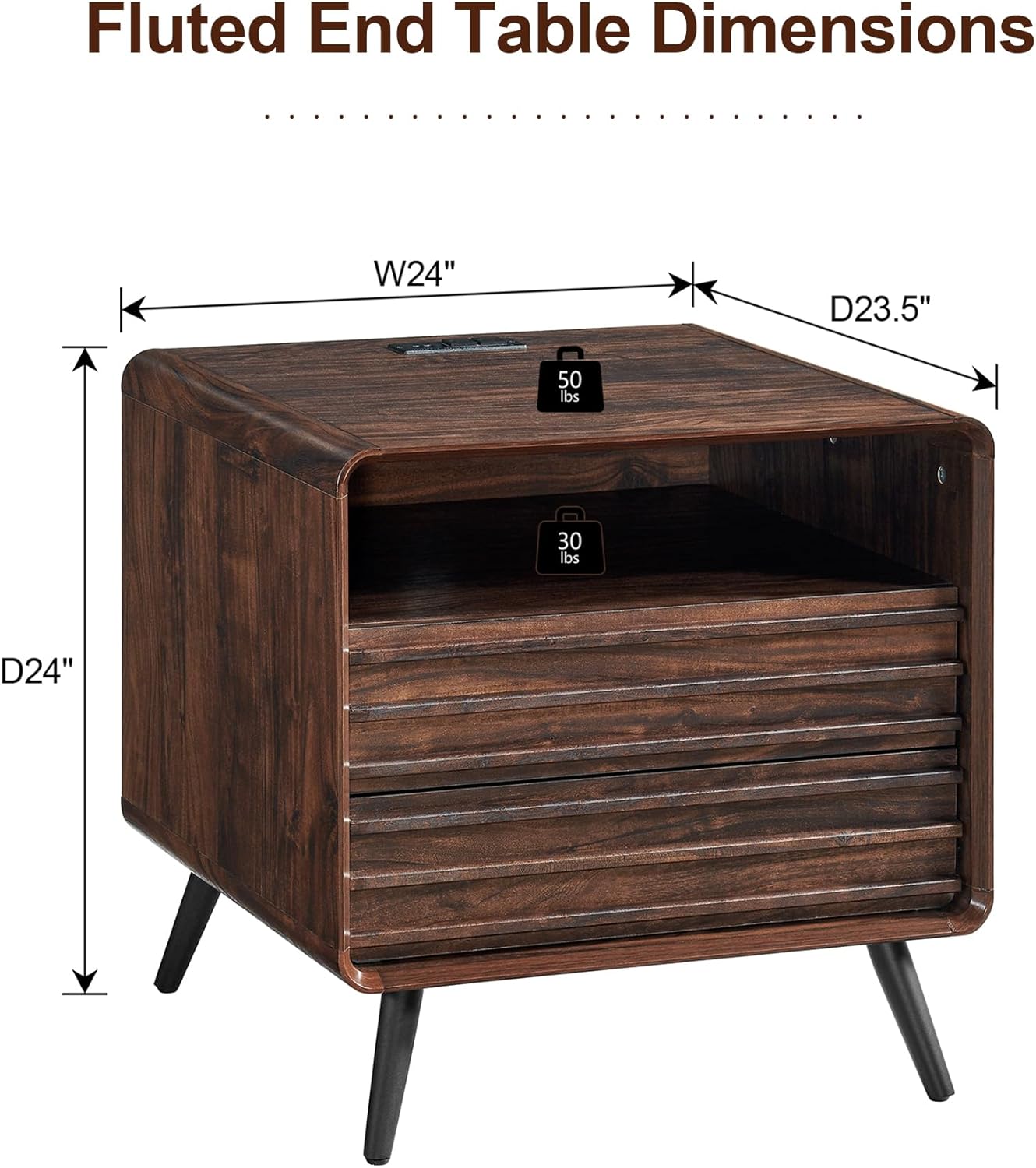 24" Nightstand with Charger Station, Mid Century Modern Fluted End Table with 2 Drawers, Wooden Side Table with Open Cubby Storage for Living Room, Bedroom, Office (Dark Walnut)