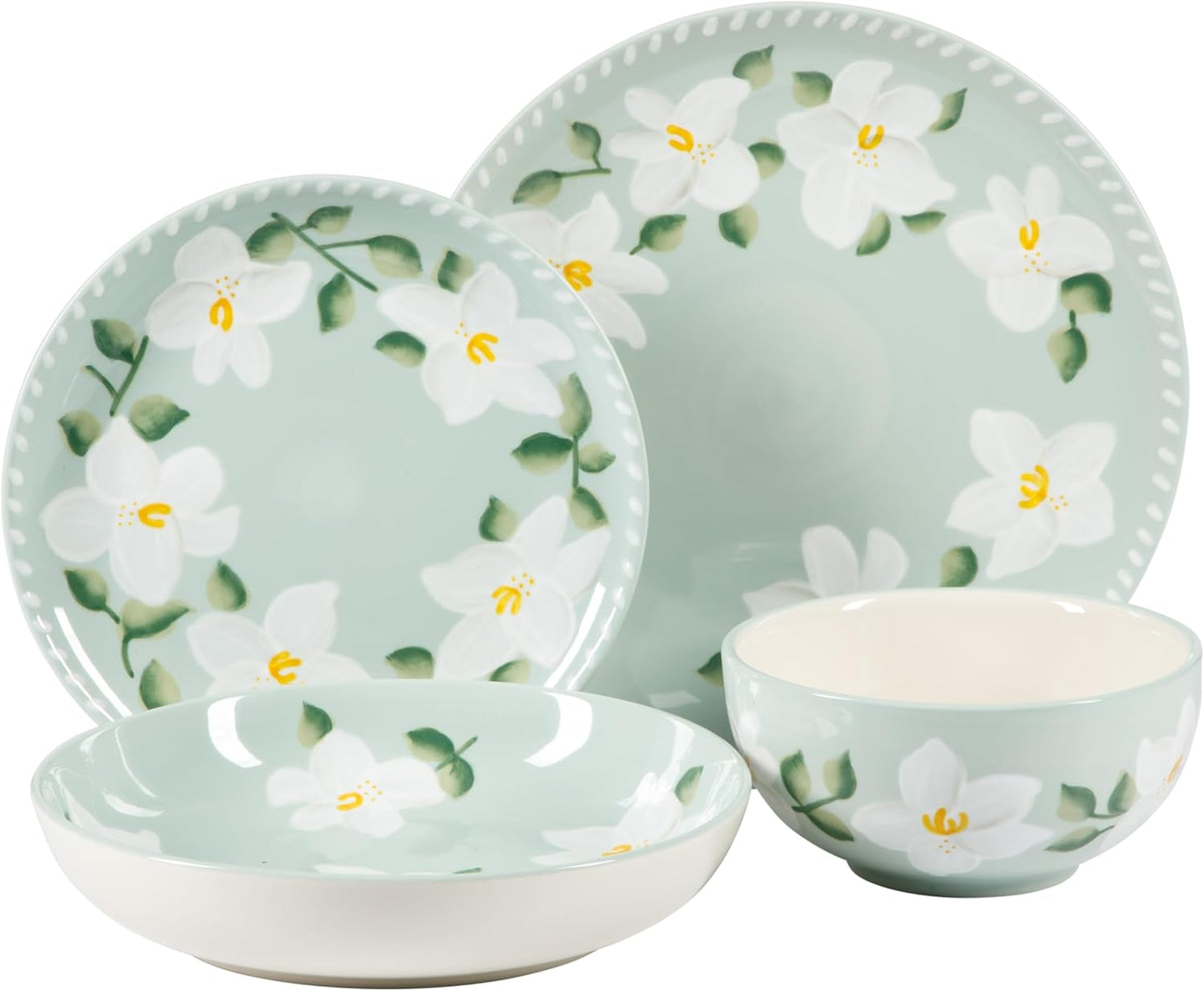 Oprah'S Favorite Things - Posy Blossom Double Bowl Hand Painted Stoneware Plates and Bowls Floral Dinnerware Set, Service for Four (16Pcs)