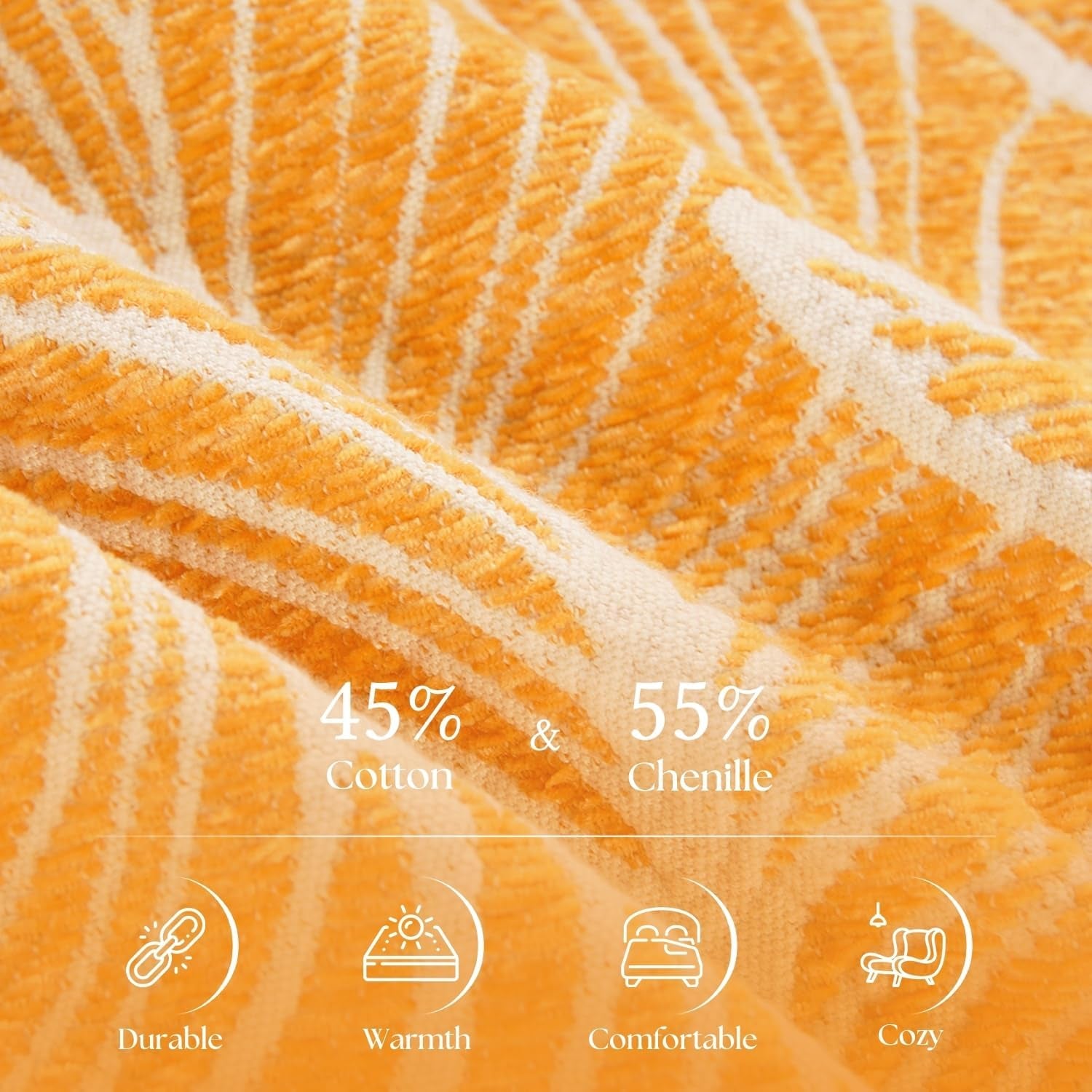Boho Throw Blanket for Couch, Chenille Cotton Lightweight Summer Throw Blanket for Bed Sofa Chair Living Room Outdoor Soft Woven Decorative Blanket with Tassel Gift Orange Leaves 55"X60"