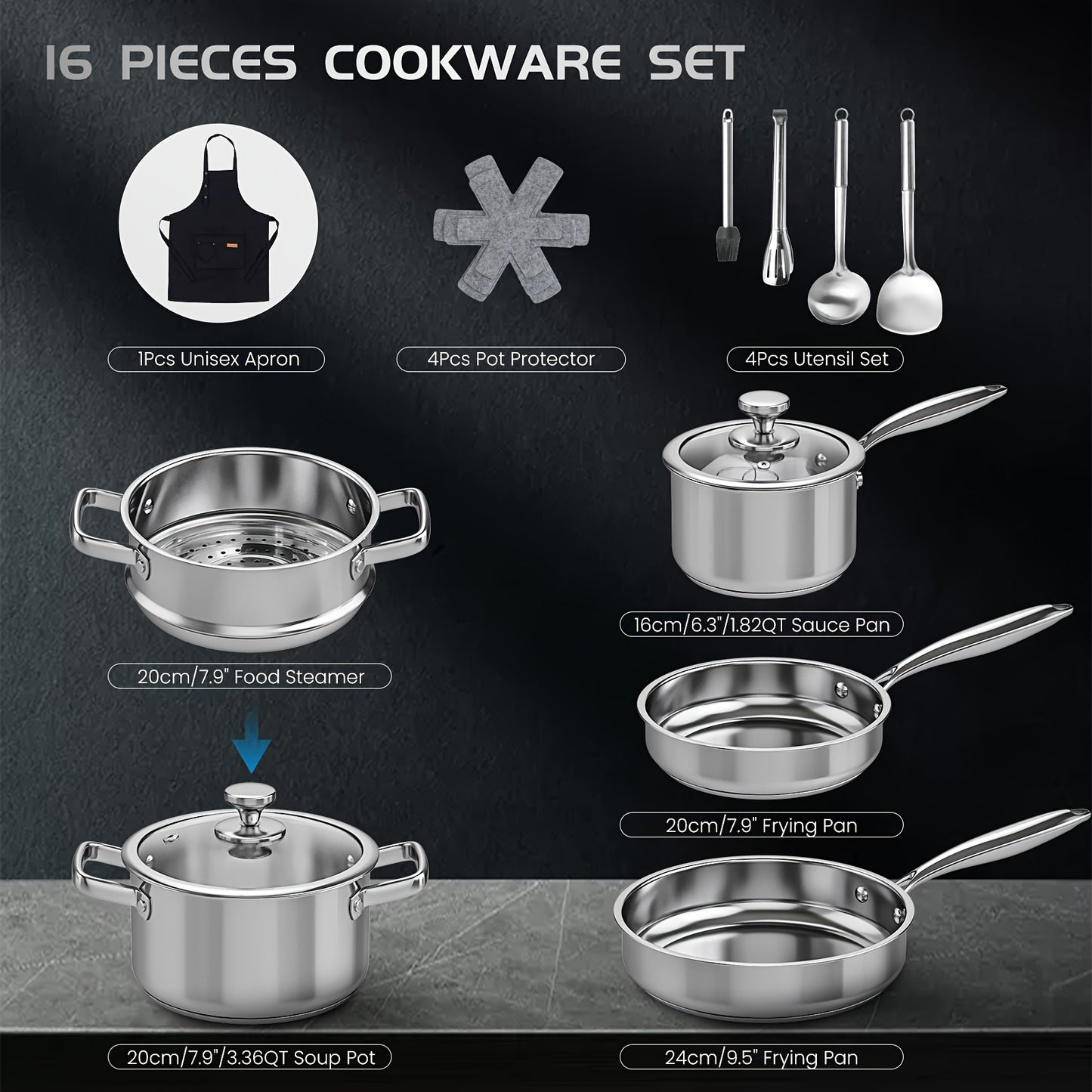 16-Piece Stainless Steel Cookware Set – 304 Steel Pots & Pans with Lids