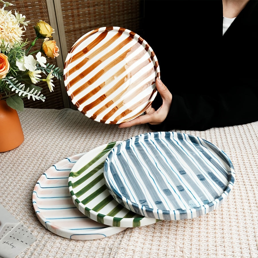 Striped Ceramic Dinner Plate – Modern Round Tableware